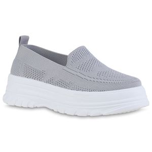 VAN HILL Damen Slip Ons Sneaker Blockabsatz Strick Profil-Sohle Schuhe 840405, Farbe: Grau, Größe: 38