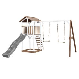 AXI Beach Tower Spielturm aus Holz in Braun & Weiß | Spielhaus für Kinder mit grauer Rutsche, Doppelschaukel und Sandkasten | Stelzenhaus für den