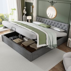 Merax Hydraulická postel Boxspring 180x200 cm se zásuvkou, čalouněná postel s roštovým rámem a úložným prostorem, manželská postel v sametové barvě, šedá