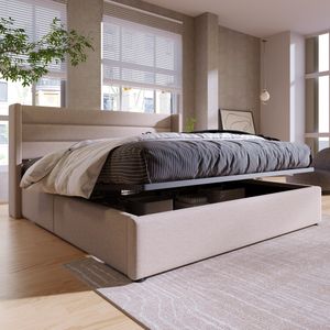 Merax posteľ s hydraulickou pružinou 160x200 cm Čalúnená posteľ s podnožou, drevený lamelový rošt a kovový rám, úložný priestor Manželská posteľ z ľanu, béžová