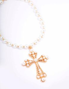 Gold Pearl Large Cross Pendant Necklace