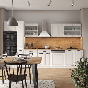 Livinity® Küchenzeile R-Line, 350 cm mit Hochschrank, ohne Arbeitsplatte, Weiß Landhaus/Weiß