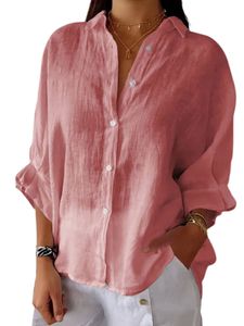 Damen Blusen Baumwolle Shirts Leinen Langarm Hemden Baggy Button Down Sommer Tops Rosa,Größe 4XL