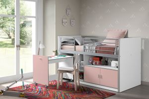VIPACK Hochbett Bonny l Kinderbett mit Schreibtisch l 90 x 200 l Weiß Rosa l Stauraumbett