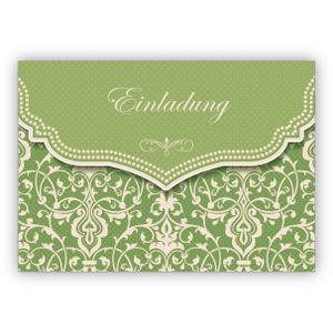 Feine Einladungskarte mit Vintage Damast Muster in zartem grün zur Hochzeit, Taufe, Diner etc: Einladung