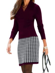 Damen Strickkleid Minikleid V-Ausschnitt Sweatshirts Winterkleid Elegante Pulloverkleid Rotwein,Größe M