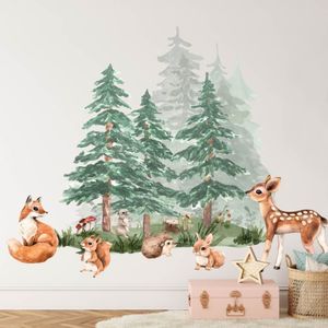 INSPIO - Wald voller Tiere - Sticker für Kinder - Wandtattoos - Bäume, Tiere, Aquarellaufkleber, Forest - Waldwelt - Kinderzimmer, Für Mädchen, Für Jungen - Grün - Braun - Textiler Wandaufkleber, den man wieder aufkleben kann