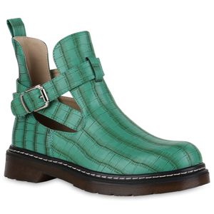 Mytrendshoe Damen Stiefeletten Ankle Boots Cut Out Booties Prints Schuhe 833786, Farbe: Grün, Größe: 37