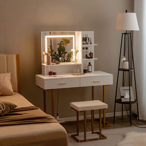 Toaletný stolík COSTWAY s LED osvetlením, veľkým zrkadlom, 2 zásuvkami a policami, toaletný stolík s čalúnenou stoličkou, kozmetický stolík do spálne, biely + zlatý