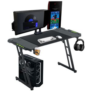 YARDIN LED herní stůl 140 x 60 cm, herní počítačový stůl s povrchovou úpravou z uhlíkových vláken, herní kancelářský stůl s držákem na nápoje a háčkem na sluchátka pro pohlcující herní zážitek, černý