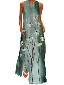 Damen Sommerkleid Maxikleid Ärmellos Lang Kleid Entspannt Elegant Swing Strandkleid Stil i,Größe 3XL