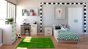 Kinderzimmer-Set Bett Schrank Wandregal Kommode Schreibtisch Nachttisch Weiß/Weiß mit grünen Griffen ohne Matratze Jonas I 01