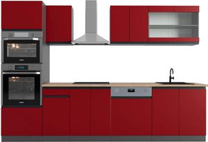Vicco Küchenzeile R-Line, 300 cm mit Hochschrank, AP Eiche, Rot/Anthrazit