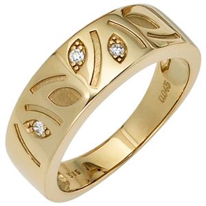JOBO Damen Ring 585 Gold Gelbgold teilmattiert 3 Diamanten Brillanten 0,04ct. Größe 58