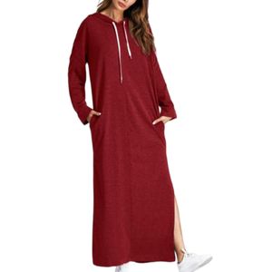 Damen Blusenkleider Langarm Kapuzenkleid Leichtes Maxikleid Winter Lässig Kordelzug Kleid  Rot,Größe:M