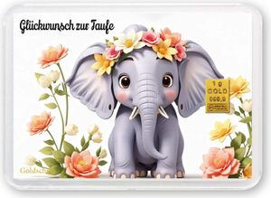 Grußkarte Taufe Elefant Glückwünsche Gold 1g 1 Gramm Motivbox  - Geschenk + Echtheitszertifikat