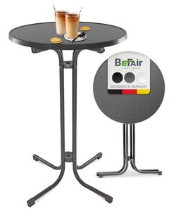 BeFair Gastro Stehtisch Klappbar Ø 80 cm Nico Bistrotisch Partytisch Rund Grau Klapptisch Vormontiert mit 4 Haken für Jacken oder Taschen …