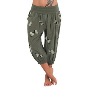 Capri Hosen Mode Schmetterling gedruckt Harem Frauen Sommerknöpfe Hose für Streetwear Green 2XL