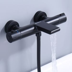 Wannenarmatur Thermostat Wasserfall Badewannenarmatur mit Sicherheitsknopf 38℃ Wannenbatterie Mischbatterie Dusche Duscharmatur schwarz