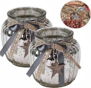 LS-LebenStil 2x Glas Windlicht Silber Grau 11cm Set Teelichthalter Teelichtglas Kerzenhalter Teelichtständer Kerzenständer Tischdeko Hochzeit