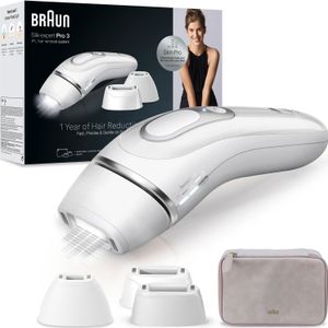 Odstraňovač chĺpkov Braun IPL Silk-expert Pro 3 PL3230 (SkinPro 2.0 (SensoAdaptTM), automatické nastavenie tónu pleti, až 100 svetelných impulzov za minútu, citlivý režim, úložná taška, štandardný, presný a široký nástavec), farba:biela
