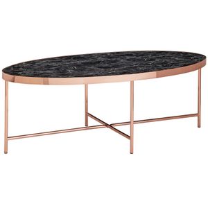 WOHNLING Design Couchtisch Marmor Optik Schwarz - Oval 110 x 56 cm mit Kupfer Metallgestell | Großer Wohnzimmertisch | Lounge Tisch