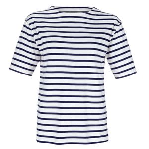 modAS Bretonisches Damen-T-Shirt mit U-Boot Ausschnitt - Ringelshirt Kurzarm Basic Shirt Gestreift aus Baumwolle in Weiß/Blau in Größe 42