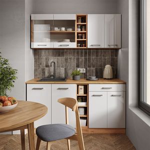 Kuchyňa Livinity® R-Line single, 160 cm bez pracovnej dosky, biely vysoký lesk/zlatý dub