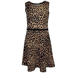 Kinder Mädchen Leopard Drucken Sommer Party Skater Kleid Mit Gürtel 128