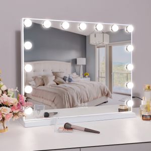 VANITII Hollywood Schminkspiegel 58cm x 46cm mit Beleuchtung 15 Dimmer Leuchten 3 Lichtmodus Kosmetikspiegel für Badzimmer Schminktisch Weiß