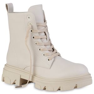 VAN HILL Damen Plateau Boots Stiefeletten Profil-Sohle Schnür-Schuhe 836618, Farbe: Beige, Größe: 38