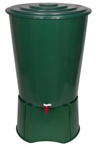 XL Regentonne 310 Liter aus Kunststoff in Grün. Mit sehr robustem Monoblock Stand, Wasserhahn und Deckel mit Sicherheitsverschluss