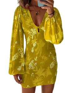 Damen Langarm V-Ausschnitt Kleid Lässig Elastisch Loses Sitzend Modischer Hüft Wickelrock Gelb,Größe L