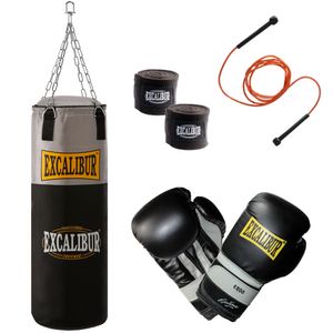 MAXXUS EXCALIBUR Boxsack Set - 14oz, Gefüllt und Hängend, inkl. Punching Bag, Boxhandschuhe, Boxbandagen und Springseil, für Erwachsene - Boxsack-Set, Punchingsäcke, Kickboxen, MMA