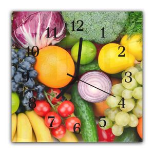 Wanduhr aus Glas mit Motiv Frisches Gemüse und Obst - Quadratisch Breite 30 cm, Höhe 30 cm und Quarzuhrwerk