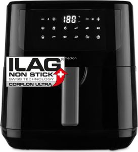 MEDION P10 XL Duo Heißluftfritteuse MD11750 (6,8 Liter XXL, Airfryer, 2.150 Watt, zwei Heizelemente aus Edelstahl, Schüttel Alarm, 9 Automatikprogramme, Touch Bedienfeld, LED Anzeige)