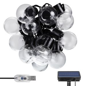 Maclean MCE424 Lichterkette für den Garten, 2-in-1:Stromversorgung über Solarpanel oder USB, 8 Beleuchtungsmodi, 20x Glühbirnen, IP44: Schutz gegen Spritzwasser, Länge: 7m