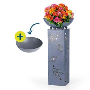 Hoberg LED Pflanzsäule 3D Blumen-Design Beton-Optik Abnehmbare Pflanzschale (Ø 34cm) Für drinnen & draußen Integrierte Beleuchtung 6h Timer kabellos