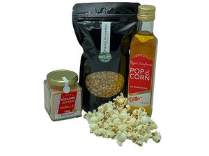 Hopser Food Fun Partyset 500g Premium Puffmais,250ml Popcornöl mit Butteraroma und 150g Popcorn Vanille Zucker Popcornset für Popcornmaschine