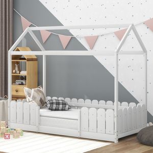 Hausbett 90x200 cm Holz Kinderbett Babybett für Jungen & Mädchen Mit Rausfallschutz und Lattenrost – Weiß (Ohne Matratze)