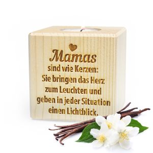 GRAVURZEILE Holz Teelichthalter für Mama aus Rohholz - Geschenk für Mama - Muttertagsgeschenk - Geschenk zum Muttertag - Würfel: 8 x 8 cm - Mamas sind wie Kerzen