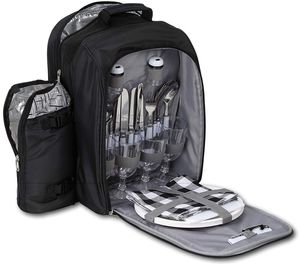 BRUBAKER Picknickrucksack Kühltasche für 4 Personen mit isoliertem Flaschenhalter - Schwarz Silber Jacquard 27 × 21 × 38,5 cm