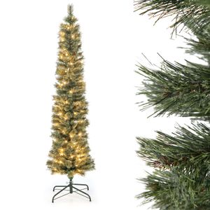 COSTWAY 180cm künstlicher Weihnachtsbaum Bleistift, Tannenbaum mit Beleuchtung, LEDs in Warmweiß