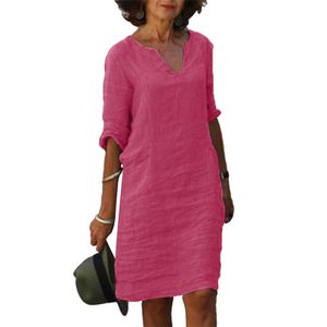 Damen Kurzärmelige Sommerkleider Baumwolle Atmungsaktive Midi Kleid Einfarbige V-Ausschnitt Leinen Kleid, Farbe: Lila, Größe: M