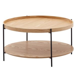 WOHNLING konferenční stolek 78x78x40 cm rozkládací dřevěný / kovový obývací stůl dub, designový obývací stůl moderní kulatý s policí, dřevěný konferenční stolek, stůl do obývacího pokoje