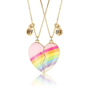 Bixorp Freundschaftskette für 2 mit rosa Regenbogen Herz und Magnet - Goldfarben Halskette - BFF Kette für Mädchen - Geburtstags Geschenk