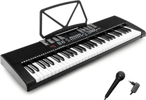 COSTWAY Elektronisches Keyboard mit 61 Tasten und Mikrofon, tragbares Lern-Keyboard mit Ständer, LED-Bildschirm, 3 Lehrmodi, frühpädagogisches Musikinstrument für Kinder, Anfänger, schwarz