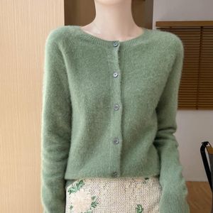 Warme, weiche Damen-Strickjacke mit Rundhalsausschnitt, L, Dunkelolivgrün