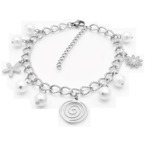 Bettelarmband Spirale, Perlen & Blümchen Silber aus Edelstahl Damen