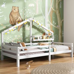 Flieks Kinderbett Massivholz Einzelbett mit Lattenrost Hausbett mit Ablageregal 90x200cm Weiß ohne Matratze